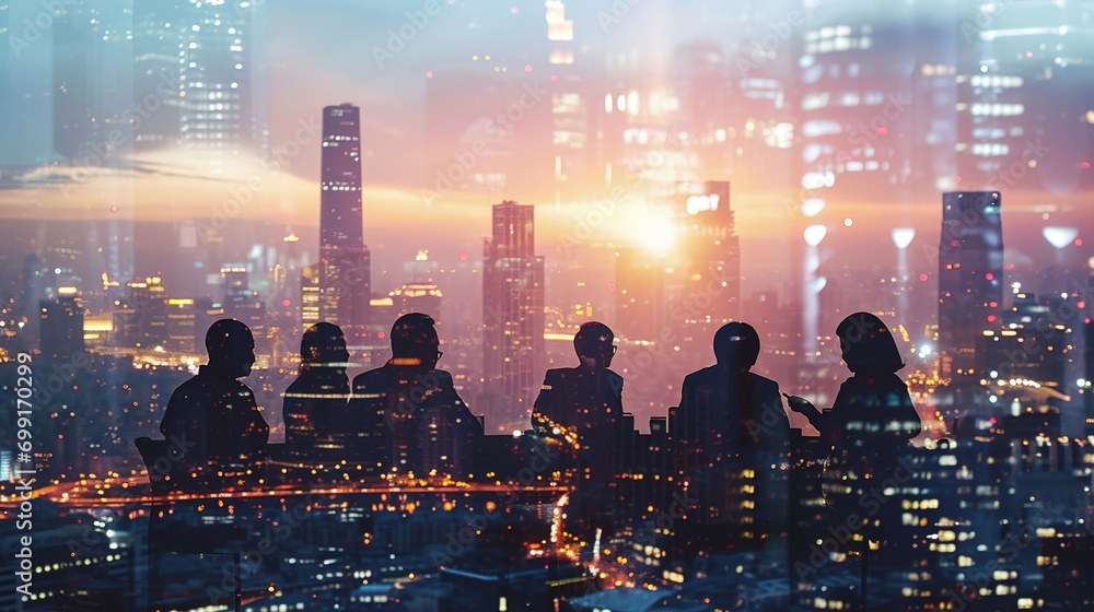 Multiple exposure shot of businesspeople in an office superimposed on a cityscape