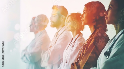 Multiple exposure of diverse team of doctors standing with their arms folded in a hospital