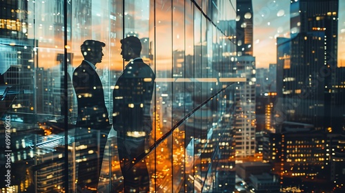 Multiple exposure shot of two architects in a building superimposed on a cityscape