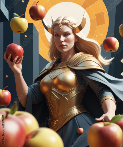 Vibrant 3D Geometric Character Design - Close-up Portrait of Nordic God Idun Protecting Her Golden Apples in Dynamic Action Scene Gen AI photo