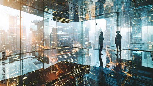 Multiple exposure shot of two architects in a building superimposed on a cityscape