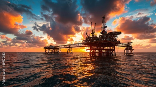 Offshore oil and rig platform in sunset or sunrise time. Construction of production process in the sea. 