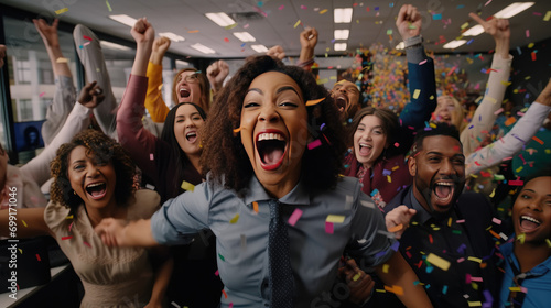 A diverse team of employees celebrating a resounding success in their office space, surrounded by a cascade of confetti photo