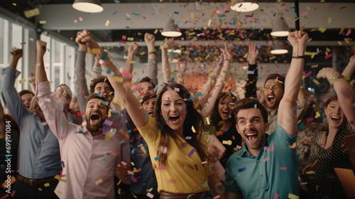 A diverse team of employees celebrating a resounding success in their office space, surrounded by a cascade of confetti
