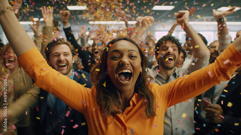 A diverse team of employees celebrating a resounding success in their office space, surrounded by a cascade of confetti A diverse team of employees celebrating a resounding success in their office space, surrounded by a cascade of confetti