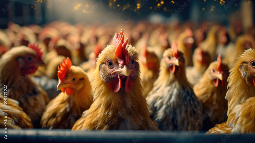 Close-up of Many chickens waiting to be fed up - obrazy, fototapety, plakaty 