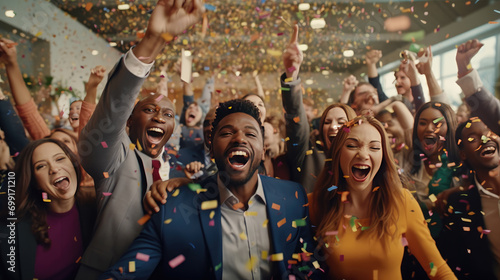A diverse team of employees celebrating a resounding success in their office space, surrounded by a cascade of confetti photo