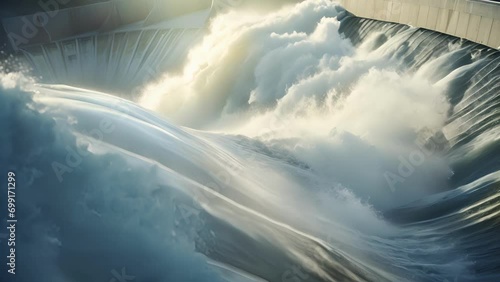 A striking macro shot of a hydropower dam, illustrating the immense power of water as it spins giant turbines to generate electricity. photo