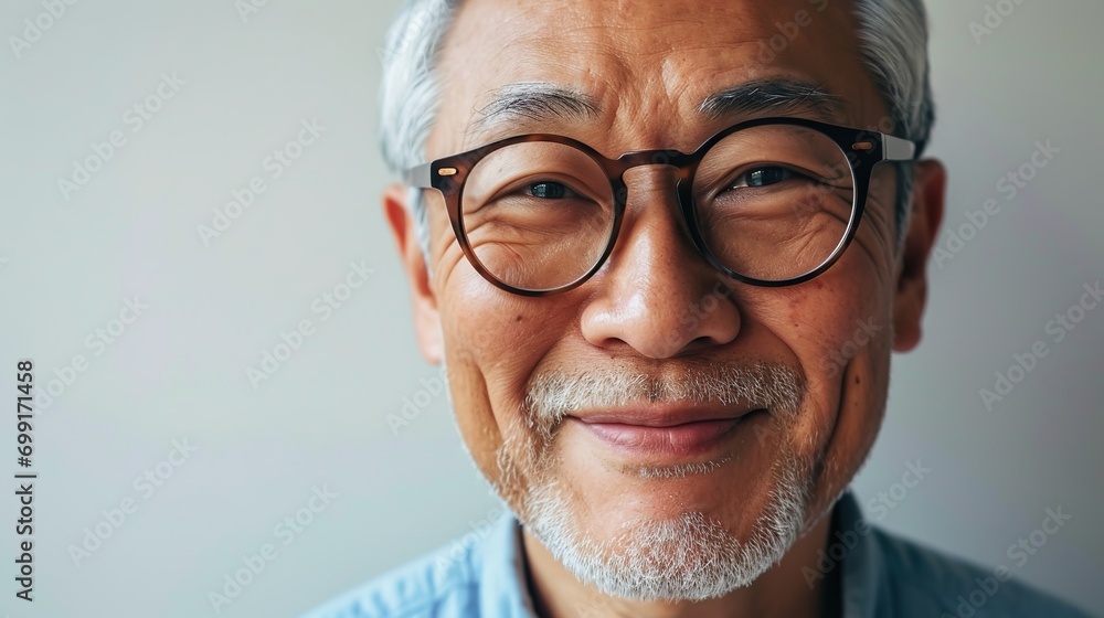 Portrait close up shot of asian old fat male model with short white and gray hair wearing eyeglasses and light blue shirt with stand smiling in front of white background.