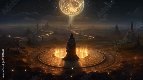 A robed storyteller standing atop an ornate carpet in an open meadow spinning a mesmerizing Fantasy art concept. photo