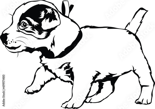 Cartoon Black and White Isolated Illustration Vector Of A Pet Puppy Dog Walking