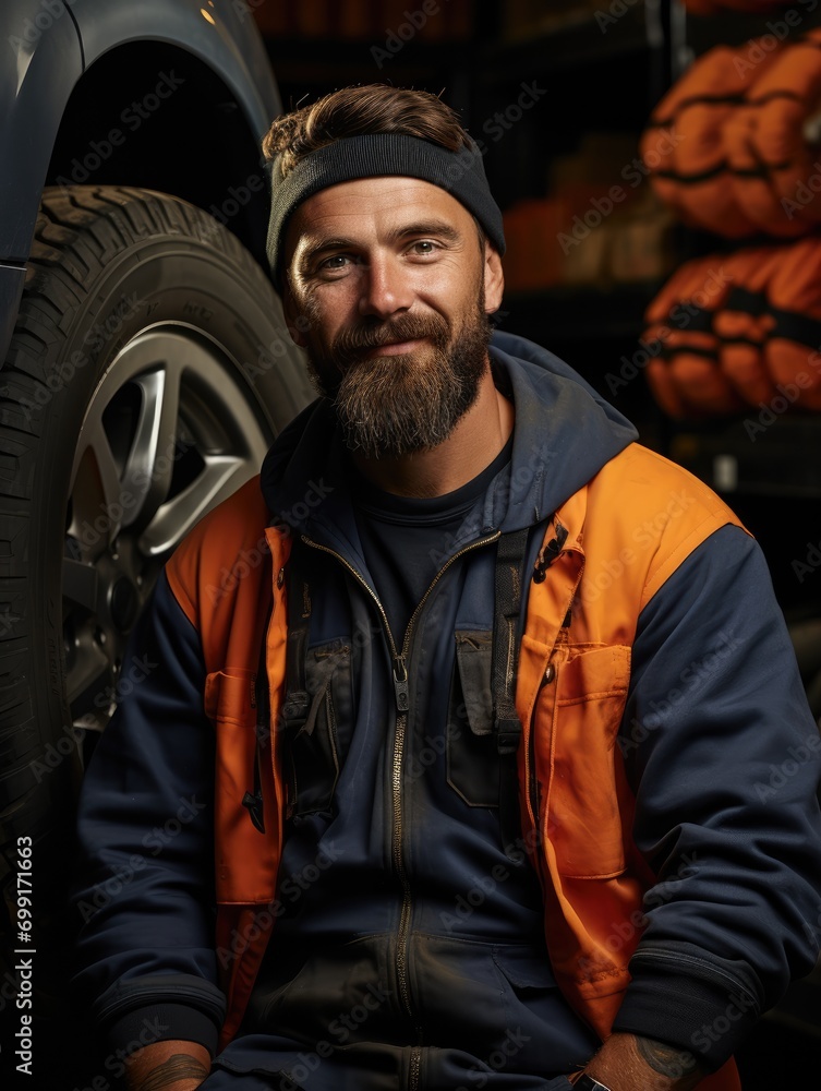 Obraz premium Auto mechanic in blue overalls in garage