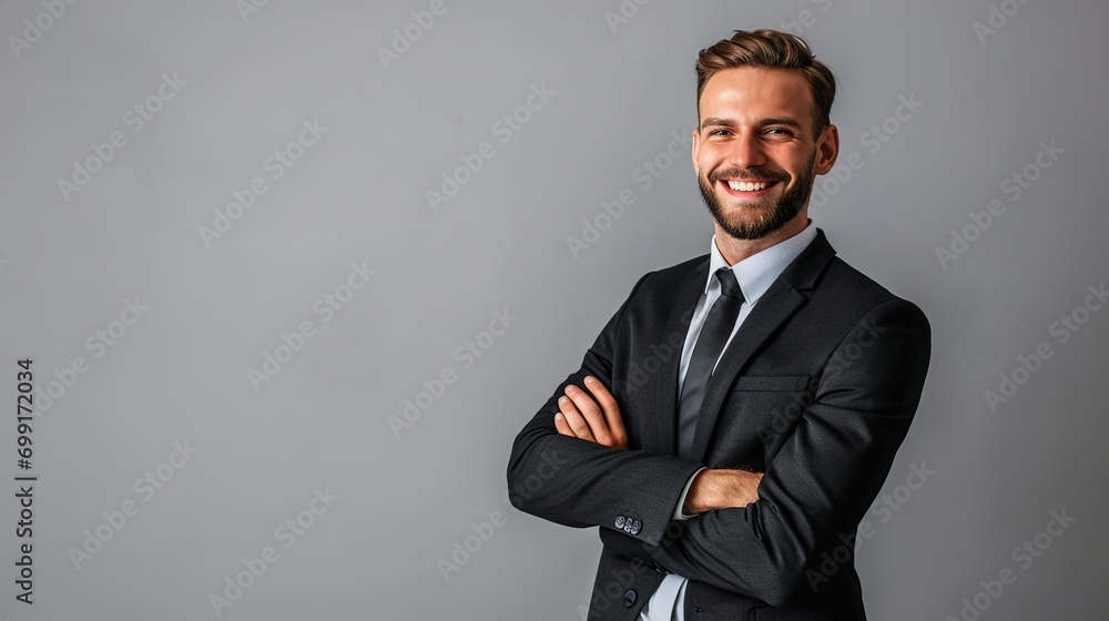 Portrait of a handsome smiling businessman standing copy space ad new isolated over bright white color background Portrait of a handsome smiling businessman standing copy space ad new isolated over bright white color background