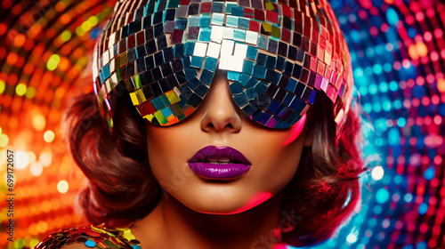 Gorgeous woman in 80s disco style, ultraviolet and neon colors