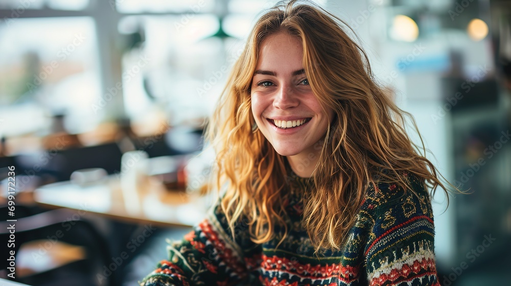 Portrait of a happy casual businesswoman in sweater sitting at her workplace in office Portrait of a happy casual businesswoman in sweater sitting at her workplace in office