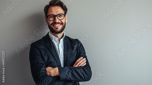 Portrait of a happy businessman standing with arms crossed against copy space ad new isolated over bright white color background,