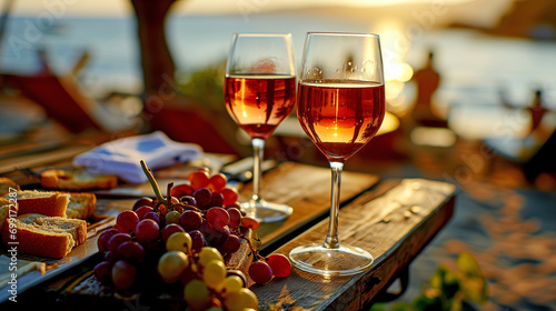 Two Glasses of Wine on a Wooden Table. Romantic Dinner at a Beach Restaurant on the Ocean at Sunset. 