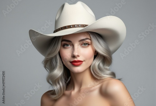 Portrait of beautiful young woman in cowboy hat, Perfect makeup and red lips