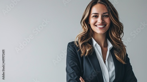 Portrait of a smiling businesswoman in a suit copy space ad new isolated over bright white color background