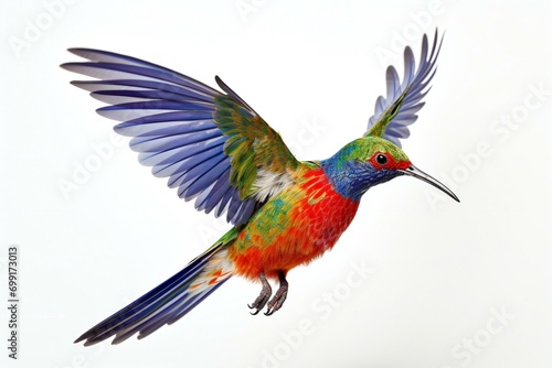 Colorful bird in flight isolated on white background, Studio shot