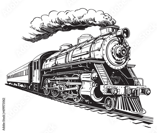 Steam locomotive retro hand drawn sketch Vector illustration ,Vintage transport