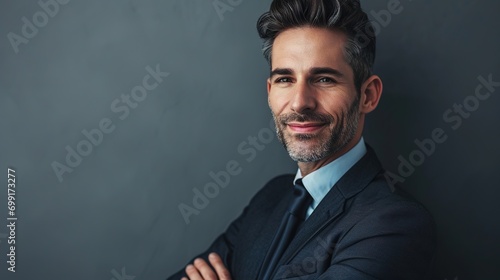 Portrait of business man looking at camera and smiling. Confident mature male professional is in suit.