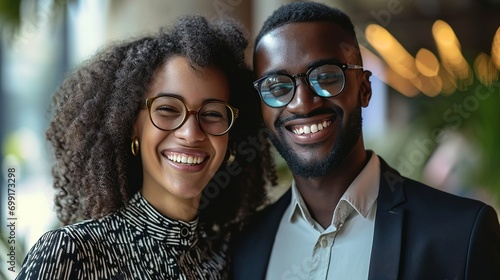 Portrait of cheerful multi ethnic business couple looking at camera