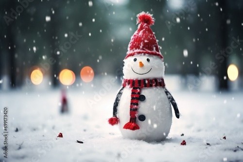 Snowman in red hat and scarf standing in snowfall at night © Nam