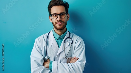 Portrait of confident young medical doctor copy space ad new isolated over bright blue color background