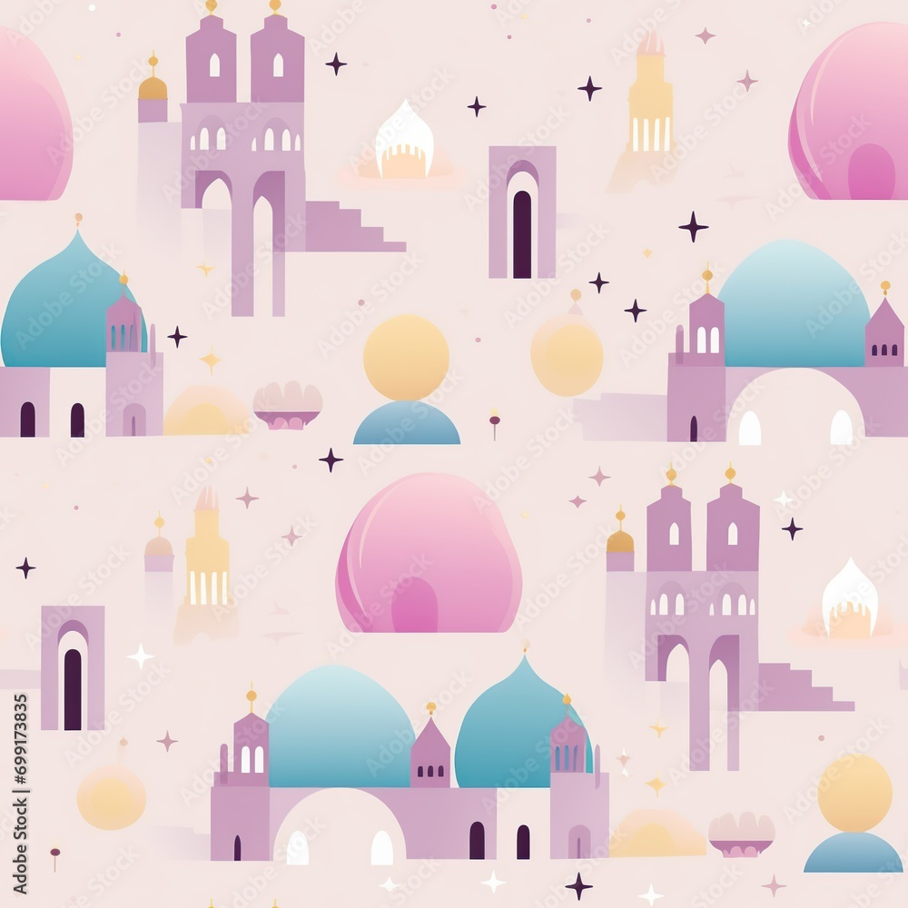 Colorful islamic seamless pattern with mosque and stars for Ramadan Kareem. Colorful islamic seamless pattern with mosque and stars for Ramadan Kareem.