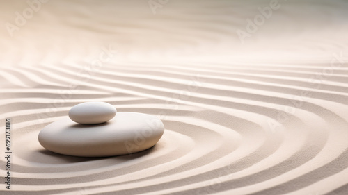 Banner Zen garden meditation with sand wave and stone background.