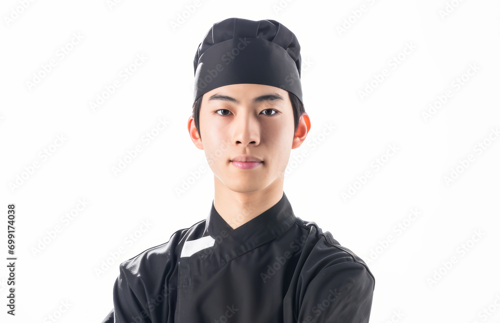 Portrait of young Asian sushi chef wearing black uniform isolated on white background. Portrait of young Asian sushi chef wearing black uniform isolated on white background.