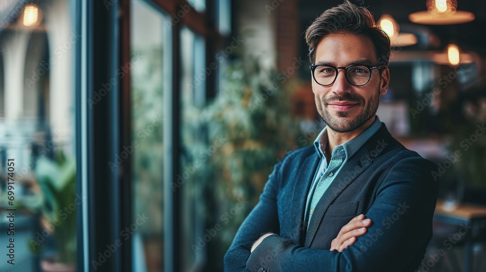 Portrait of handsome confident smiling businessman standing in the office and looking at camera. Portrait of handsome confident smiling businessman standing in the office and looking at camera.