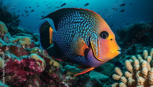 Underwater fish reef, animal nature, multi colored scuba diving tropical climate generated by AI