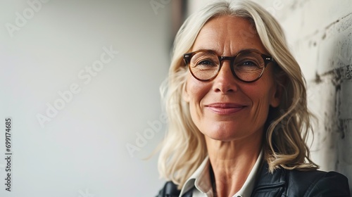 Portrait of mature business woman smile while standing against on white background