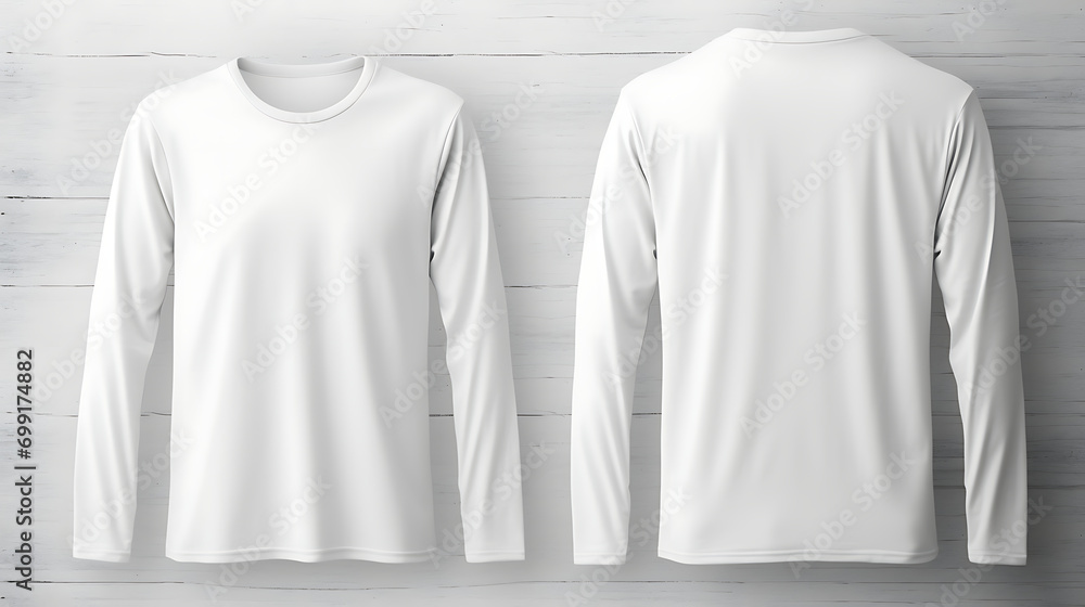 White long sleeve t-shirt isolated on white background, front and back design for mock up template copy space print design. Generative Ai - obrazy, fototapety, plakaty 
