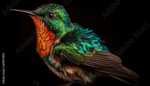 A vibrant, multi colored hummingbird perching on a green branch generated by AI