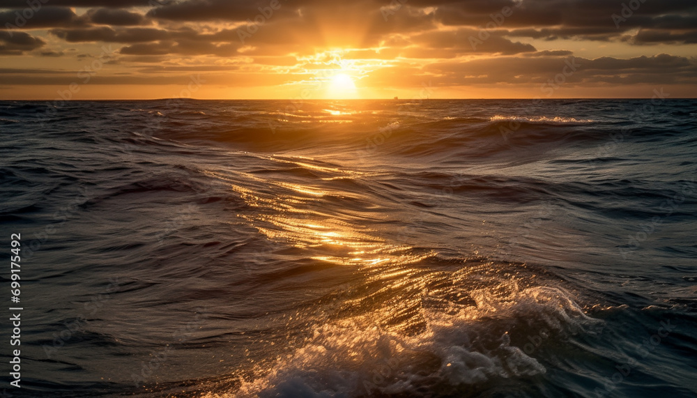 Obraz premium Sunset over the tranquil water, nature beauty in a seascape generated by AI