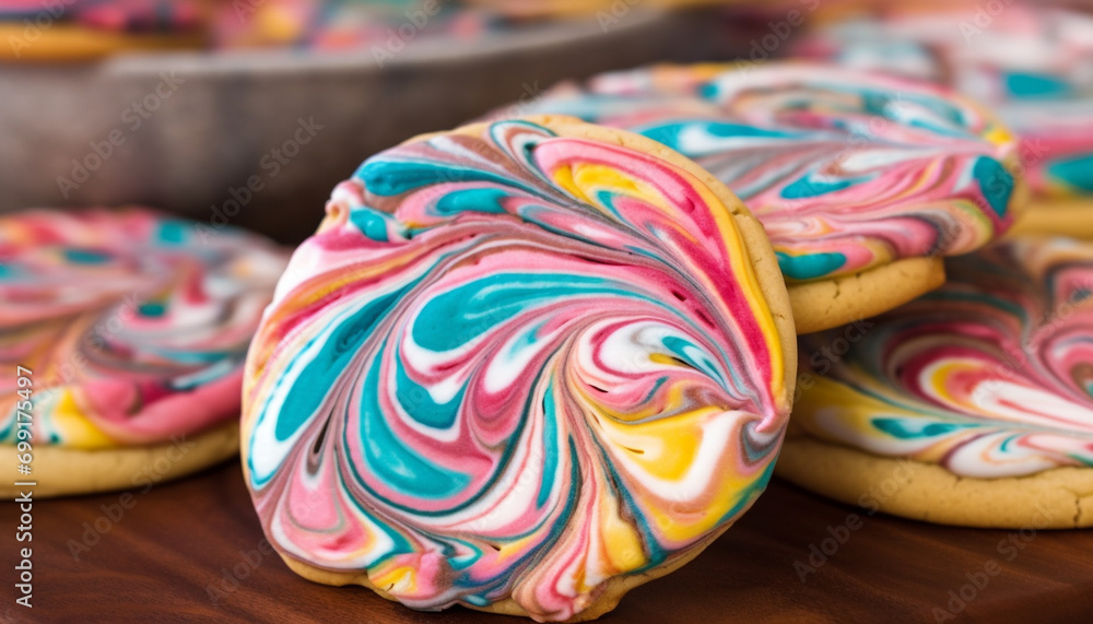 Multi colored dessert decoration homemade cookie craft with vibrant colors generated by AI
