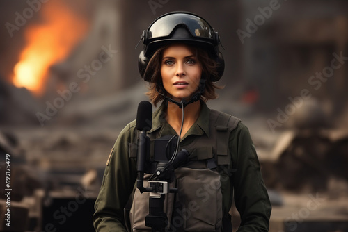 War press journalist young woman wearing bulletproof vest and helmet reporting live from destroyed city, pov camera view correspondent © Adin