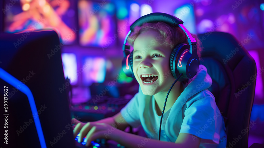 Happy child boy in headphone streamer playing video game with winner expression at gaming room, neon color Happy child boy in headphone streamer playing video game with winner expression at gaming room, neon color