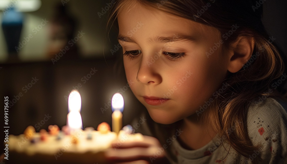 A cute Caucasian girl smiling, holding a candle in darkness generated by AI A cute Caucasian girl smiling, holding a candle in darkness generated by AI