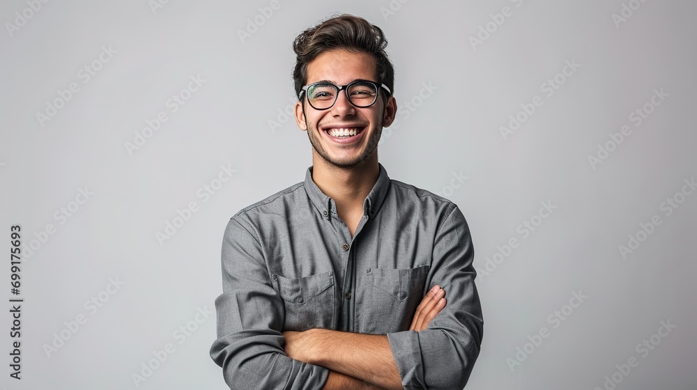 Obraz premium Portrait of young handsome smiling business guy wearing gray shirt and glasses, feeling confident with crossed arms, isolated on white background