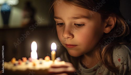 A cute Caucasian girl smiling, holding a candle in darkness generated by AI