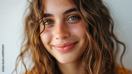 Portrait of young beautiful cute cheerful girl smiling looking at camera over white background