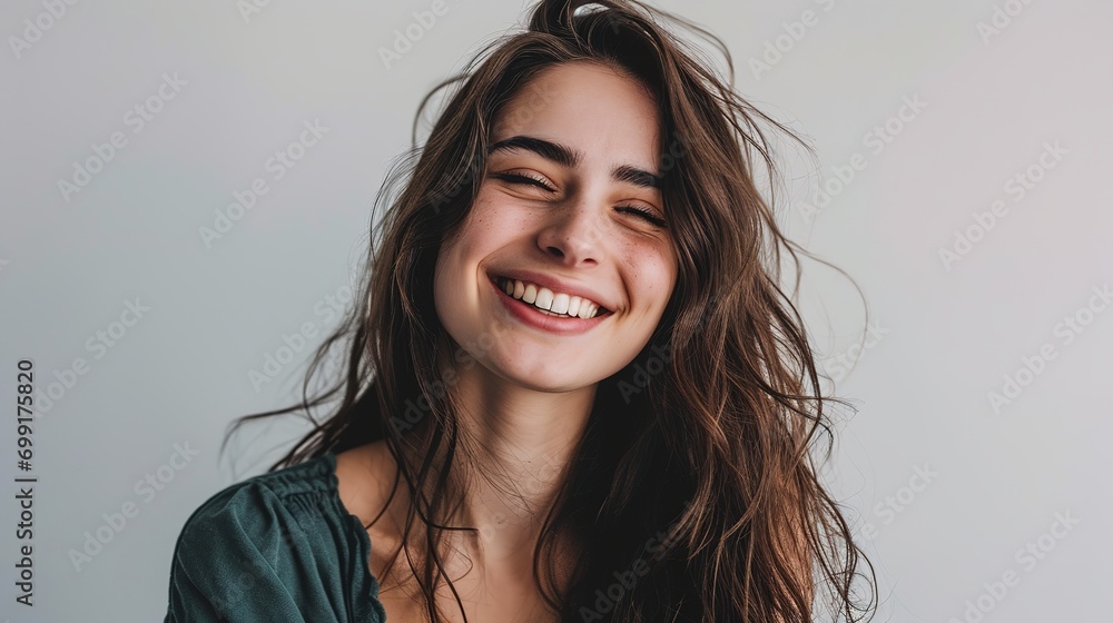 portrait of young woman casual portrait in positive view, big smile, beautiful model posing in studio over white background portrait of young woman casual portrait in positive view, big smile, beautiful model posing in studio over white background
