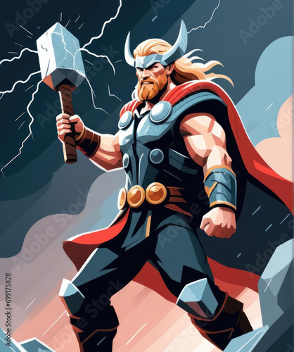 Nordic God Thor wielding Mjolnir in a dynamic action scene amidst a thunderstorm Gen AI