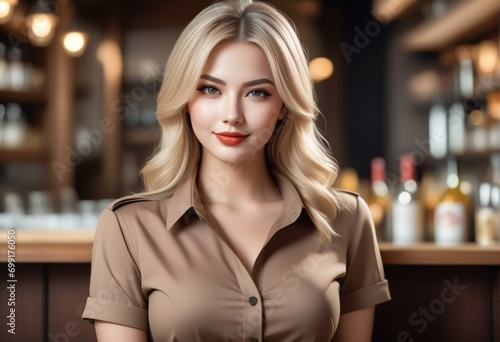 Portrait of beautiful young blonde woman in beige shirt posing in cafe
