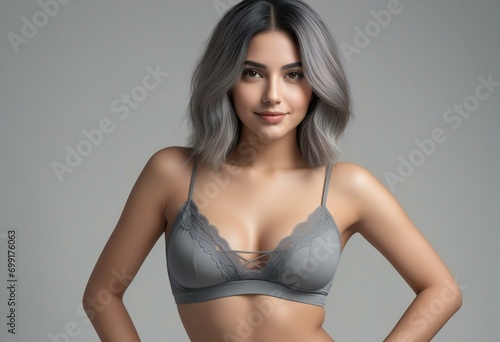 Portrait of beautiful asian woman in grey lingerie on grey background © Nam