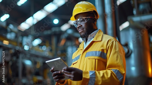 Professional Heavy Industry Engineer Worker Wearing Safety Uniform and Hard Hat Uses Tablet Computer. Smiling African American Industrial Specialist Standing in a Metal Construction Manufacture